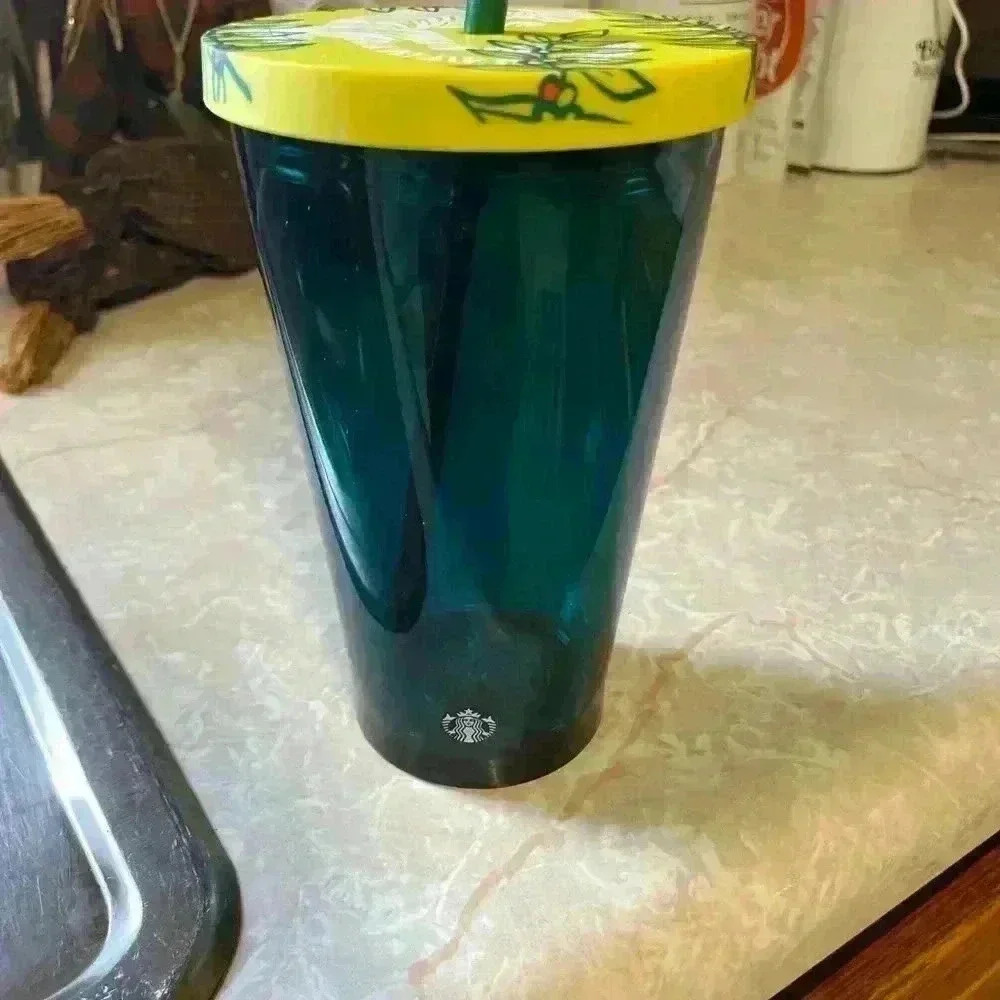 Starbucks 16 oz grande cold cup tumbler Sumatra tiger lid yellow green